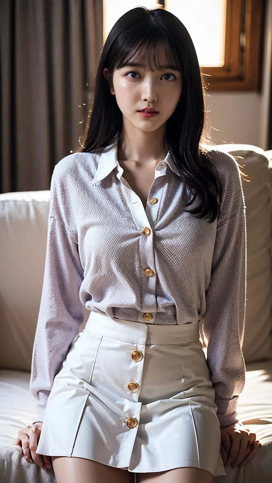 1girl, woman, masterpiece, best quality, highest quality, cinematic lighting, (volumetric lighting), extremely detailed CG unity 8k wallpaper, focused, 8k wallpaper, extremely detailed, ultra realistic, photorealistic, sharp focus, absurdres, (HDR:1.2), (high contrast), photograph, detailed and intricate, instagram, portrait, highly detailed, digital painting, artstation, concept art, smooth, sharp focus, illustration, cinematic lighting, (whole body:1.2), white collar shirt, open shirt, open the button, show thigh, short skirts, cowboy pose, looking at the viewer.