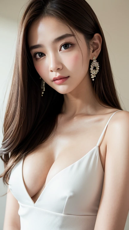 (((Straight, chest-length brown hair)))、(((目が二重でLight eye makeup)))、White sleeveless dress、18-year-old girl、independent、Light eye makeup、Brown Hair Color、flat 、Loose and fluffy long hair、Quality of actress、Shiny, Ultra-realistic faces、smileの表情、Watery eye、look up、Soothing lighting effects、 Ultra-Realistic Capture、Very detailed、High resolution 16K human skin closeup。Skin texture must be natural、Must be so detailed that pores are visible、skin is healthy、Must be of uniform tone、Use natural light and colour、High quality photos taken by modeling agencies'Exclusive photographer、smile、(((Sigma 300mm F/2.8,1/1000 sec shutter,ISO400)))、Ocean、
