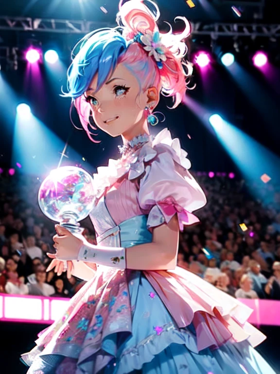 Award-Winning Moment, girl, solo, music, Award, stage, Trophy, illumination, The spectators cheer, Acceptance speech, Stylish outfit, Tears of joy. Mohawk, Side Cropped Hair, Pink and light blue hair, Light blue side hair, Earrings, undercut,crystalline dress