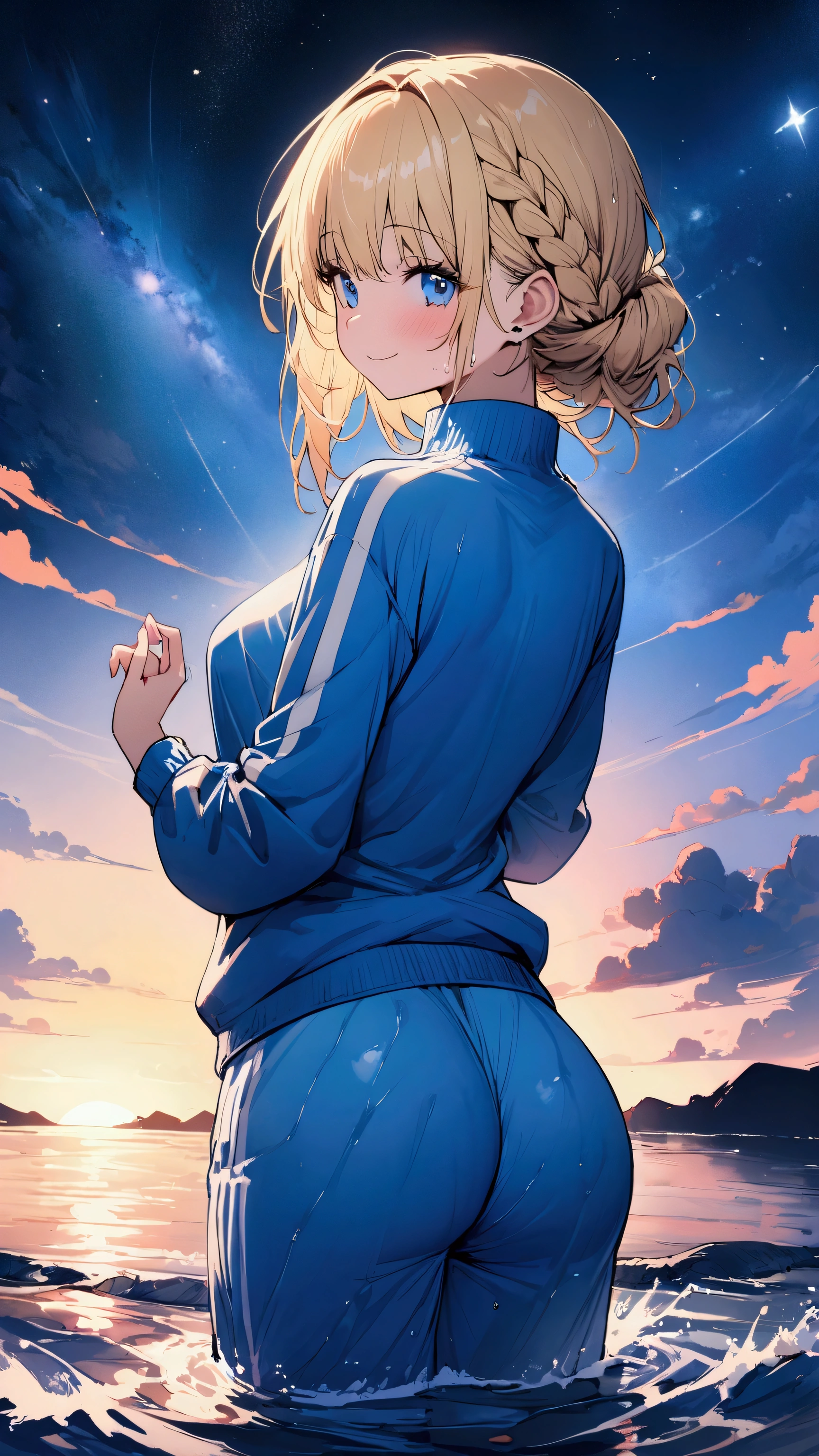 masterpiece, Highest quality, Ultra-high resolution, (beautiful girl: 1.3), Milkmaid braid, Looks about 、 (Blue sweatpants:1.3), (The jacket is a blue track jacket.: 1.3), Rear view、The sunset is dazzling when you enter the waterway..、A little wet、Focus on the very big things, Round and beautifully shaped butt,Feed the little swans,exceptional smile,Blonde,wading