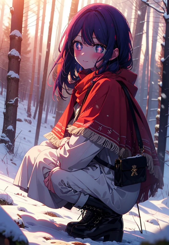 aihoshino, Ai Hoshino, Long Hair, bangs, (Purple eyes:1.1), Purple Hair, (Symbol-shaped pupil:1.5), smile,,smile,blush,white breath,
Open your mouth,snow,Ground bonfire, Outdoor, boots, snowing, From the side, wood, suitcase, Cape, Blurred, , forest, White handbag, nature,  Squat, Mouth closed, Cape, winter, Written boundary depth, Black shoes, red Cape break looking at viewer, Upper Body, whole body, break Outdoor, forest, nature, break (masterpiece:1.2), Highest quality, High resolution, unity 8k wallpaper, (shape:0.8), (Beautiful and beautiful eyes:1.6), Highly detailed face, Perfect lighting, Highly detailed CG, (Perfect hands, Perfect Anatomy),