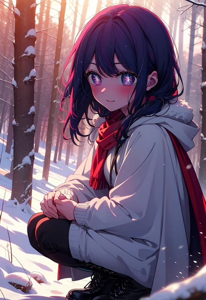 aihoshino, Ai Hoshino, Long Hair, bangs, (Purple eyes:1.1), Purple Hair, (Symbol-shaped pupil:1.5), smile,,smile,blush,white breath,
Open your mouth,snow,Ground bonfire, Outdoor, boots, snowing, From the side, wood, suitcase, Cape, Blurred, , forest, White handbag, nature, Squat, Mouth closed, Cape, winter, Written boundary depth, Black shoes, red Cape break looking at viewer, Upper Body, whole body, break Outdoor, forest, nature, break (masterpiece:1.2), Highest quality, High resolution, unity 8k wallpaper, (shape:0.8), (Beautiful and beautiful eyes:1.6), Highly detailed face, Perfect lighting, Highly detailed CG, (Perfect hands, Perfect Anatomy),