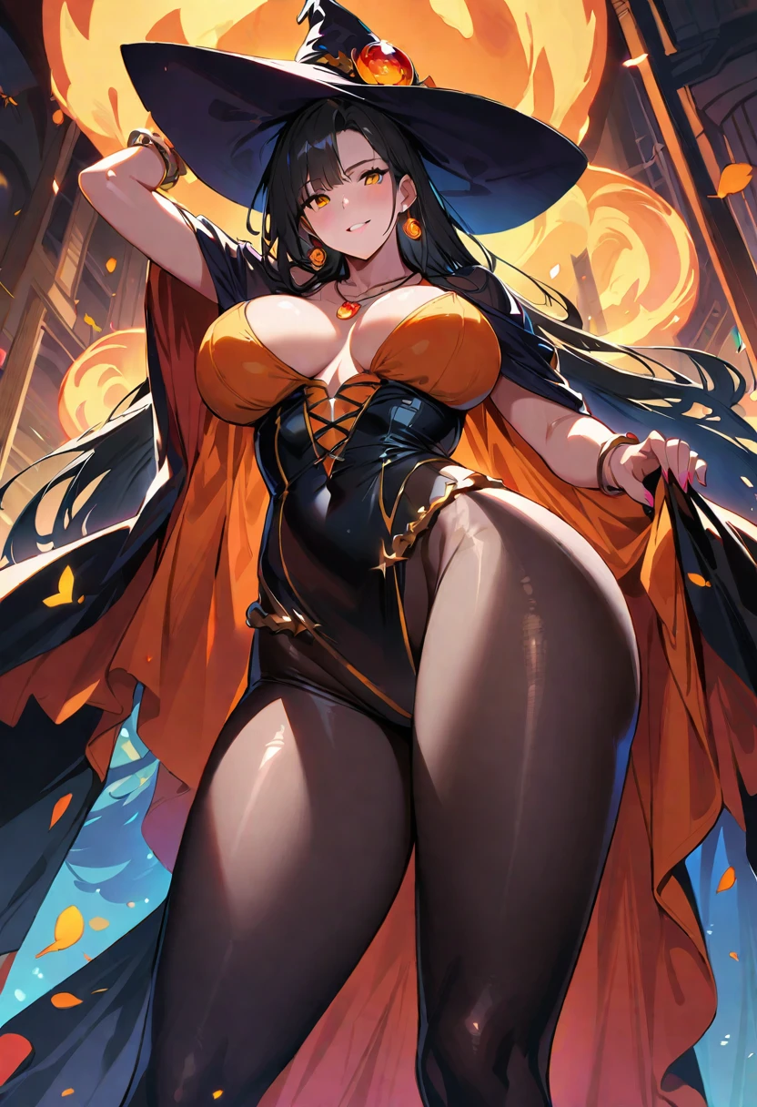 1 mature beautiful woman,(Highest quality,Extremely detailed depiction,Incredibly absurd high resolution,Anatomically accurate depiction,Curvy Legs),(Glowing Skin,Shiny skin),(Bewitching witch),(Sexy witch costume,Black Pantyhose,Luxury accessories,Earrings,necklace,Bracelet),eyelash,(Ku&#39;s Eyes,Half-closed eyes:1.3,Crazy Eyes,There is cleavage in the chest,Wicked Smile,Glossy lipstick,Flashy makeup,eye shadow,eyeliner,mascara,Seductive gestures),whole body