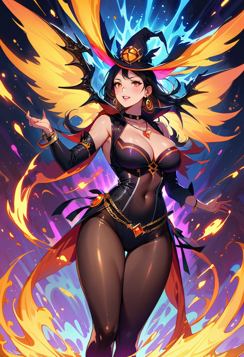 1 mature beautiful woman,(Highest quality,Extremely detailed depiction,Incredibly absurd high resolution,Anatomically accurate depiction,Curvy Legs),(Glowing Skin,Shiny skin),(Bewitching witch),(Sexy witch costume,Black Pantyhose,Luxury accessories,Earrings,necklace,Bracelet),eyelash,(Ku&#39;s Eyes,Half-closed eyes:1.3,Crazy Eyes,There is cleavage in the chest,Wicked Smile,Glossy lipstick,Flashy makeup,eye shadow,eyeliner,mascara,Seductive gestures),whole body