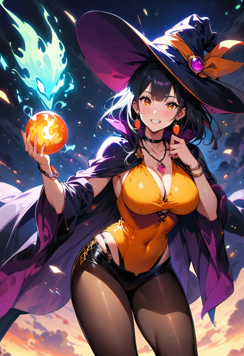 1 mature beautiful woman,(Highest quality,Extremely detailed depiction,Incredibly absurd high resolution,Anatomically accurate depiction,Curvy Legs),(Glowing Skin,Shiny skin),(Bewitching witch),(Sexy witch costume,Black Pantyhose,Luxury accessories,Earrings,necklace,Bracelet),eyelash,(Ku&#39;s Eyes,Half-closed eyes:1.3,Crazy Eyes,There is cleavage in the chest,Wicked Smile,Glossy lipstick,Flashy makeup,eye shadow,eyeliner,mascara,Seductive gestures),whole body