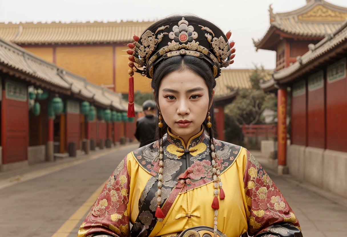 A woman rides a motorcycle，Black heavy motorcycle，Woman wearing traditional Chinese Qing Dynasty clothing，panoramic，Vision