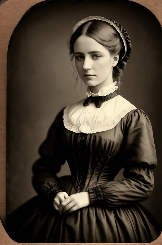 VeronicaCipher studio portrait, Victorian Woman, Wearing a high-collared Victorian gown, race, satin, Jacquard, 1800s, analog, granular, Dust, scratch, Blurred, Daguerreo Type, Gelatin Silver, Collodion_photograph, Sepia (Realistic:1.6) Covered in blood