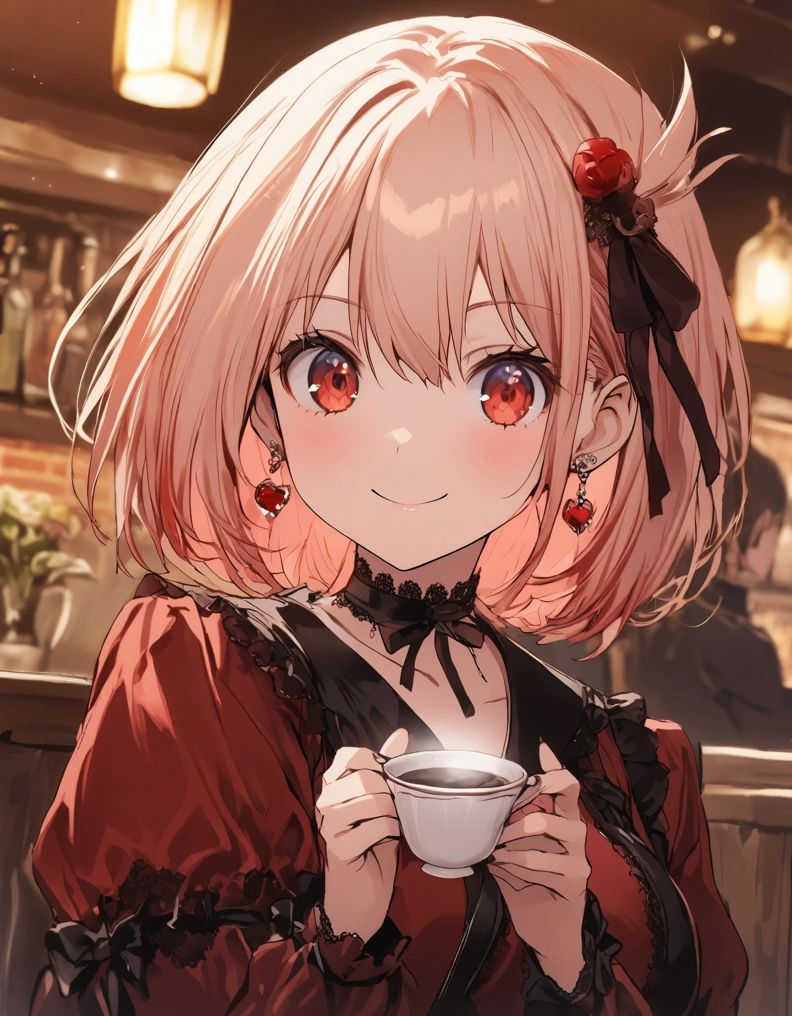 1girl, Chisato Nishikigi, kawaii girl, gothic lolita fashion with delicate lace, (((Red clothes))), beautiful hair ornament, hair between eyes, smiling, upper body, antique earrings, choker, european style cafe background, she is having a cup of coffee