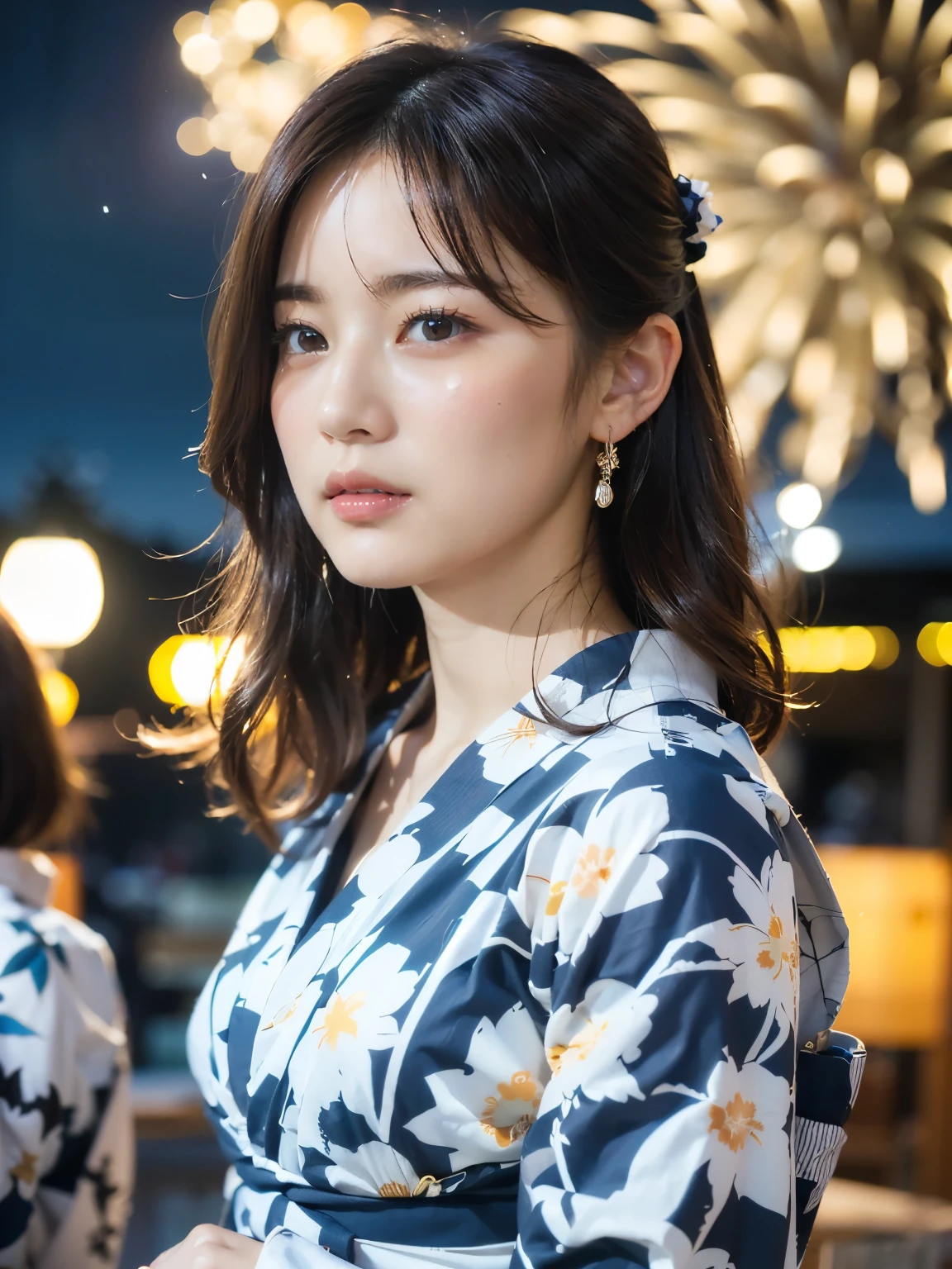 (masterpiece, 8k, best quality, RAW photo, photo realistic, ultra detailed), (insanely detailed and intricate), (Artstation), BREAK 1girl, (beautiful Japanese girl), fair skin, slender, 20yo, kawaii, cute, (detailed face), detailed eyes, blue eyes, (thin eyebrow), (detailed skin texture), (light brown hair), (casual wavy hair), (medium hair:1.4), blush, small breasts, cleavage, (wearing yukata with floral patterns :1.4), (detailed fabric), (earrings), (necklace), (bracelet), (blank stare:1.4), (close-up face:1.2), (wistful:1.3), ((tears:1.4)), (dynamic motion), (standing by the riverside:1.3), BREAK (night:1.4), (dimly lighting:1.4), (darkness:1.4) (dynamic angle:1.4), (cowboy shot:1.4), (bokeh), BREAK (vibrant colorful fireworks:1.4), (her face illuminated by the fireworks as she gazes up in awe:1.4), (lantern-lit stalls of a summer festival add to the lively atmosphere:1.1), (Her hair gently sways in the breeze), In the background, distant mountains in the night sky complete the scene.