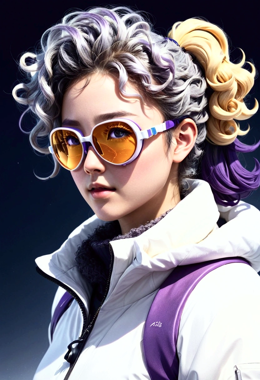 masterpiece, best picture quality, extreme vividness, Anime girl with curly ponytail,  Character, white functional coat, Blue Purple Gradient Ski Goggles, gray hair, Natural casual style, dynamic posture, golden section, 조리개가 큰 Character 사진, cold tone, Intense visual impact, White space, Light and shadow contrast, Super Textures, Sunset Afterglow, Very clear pictures, simple illustration