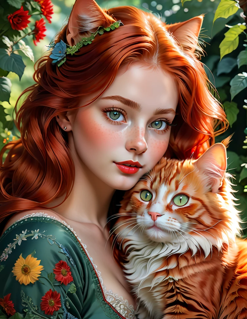 red-haired girl [Elizabeth II:Maude Adams:0.45] with a full sized  red mainecoon cat, (best quality, masterpieces, ultra-detailed), beautiful detailed eyes, beautiful detailed lips, longeyelashes, vibrant colors, illustrative style, oil painting texture, flowing red hair, cozy garden background, soft sunlight, lively expression, joyful interaction with the cat, dynamic pose, realistic rendering.