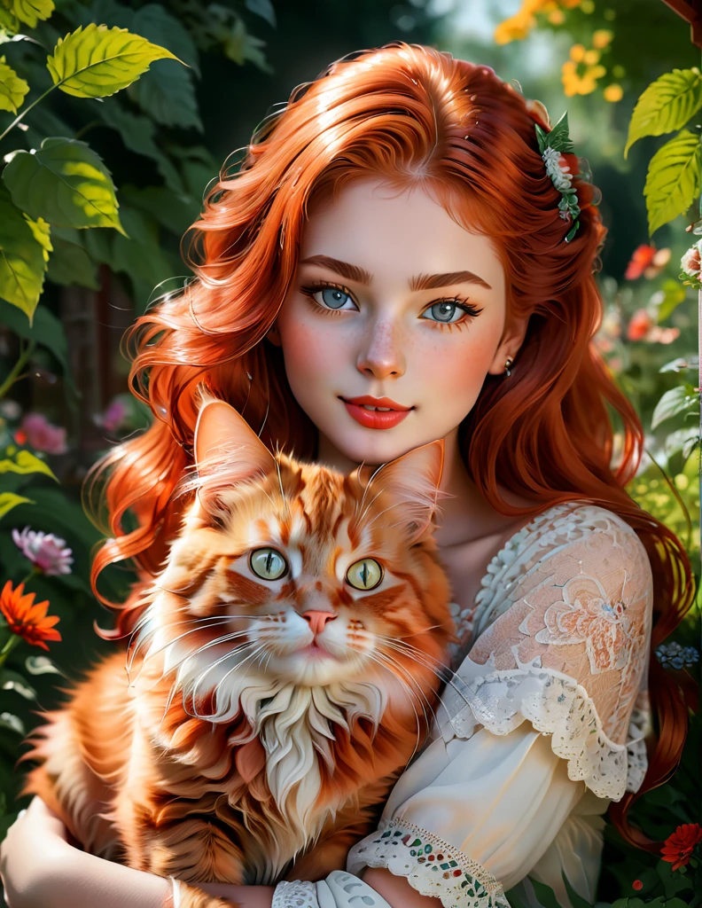 red-haired girl [Elizabeth II:Maude Adams:0.45] with a full sized  red mainecoon cat, (best quality, masterpieces, ultra-detailed), beautiful detailed eyes, beautiful detailed lips, longeyelashes, vibrant colors, illustrative style, oil painting texture, flowing red hair, cozy garden background, soft sunlight, lively expression, joyful interaction with the cat, dynamic pose, realistic rendering.