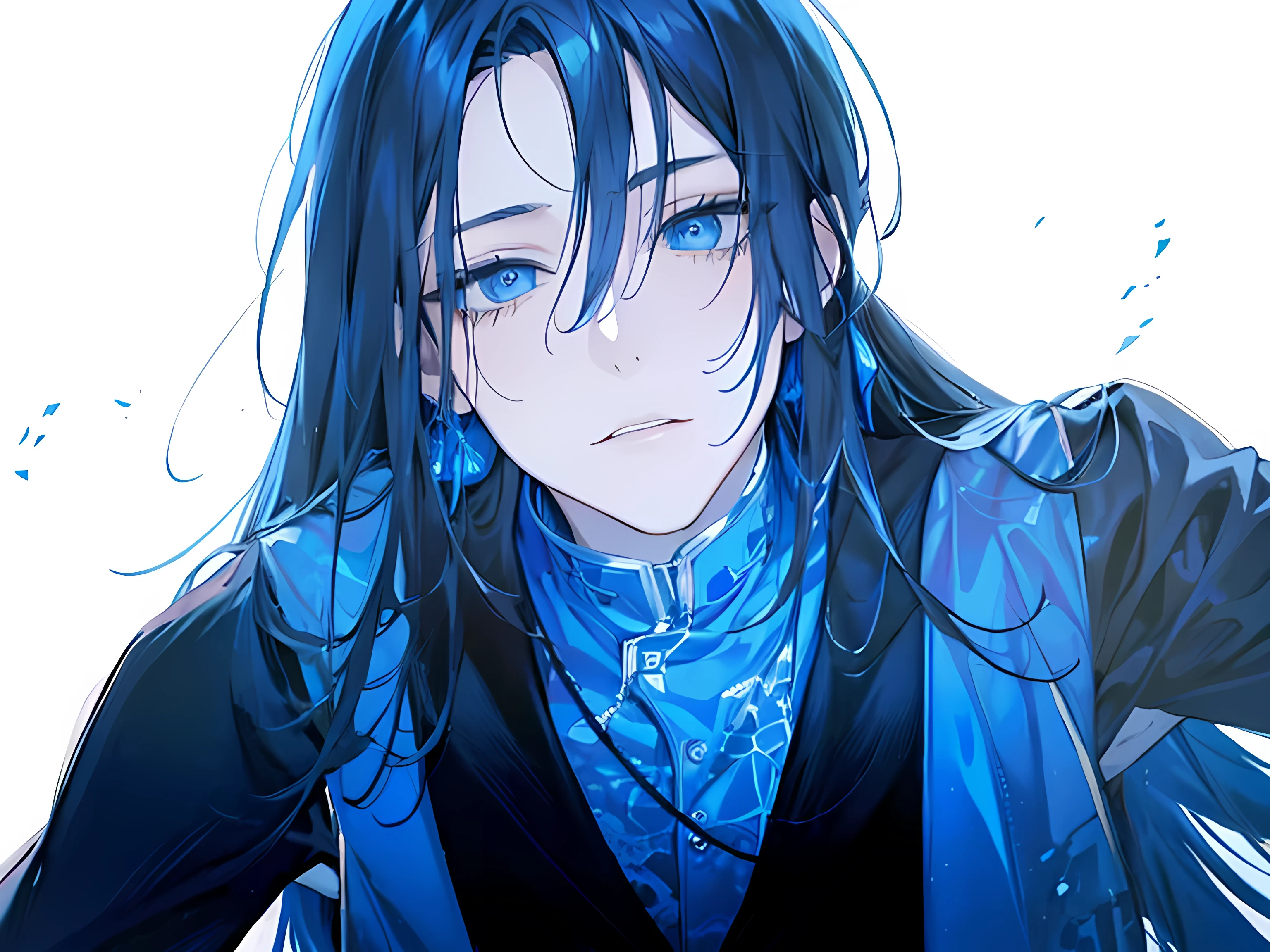 Highest quality、Highest quality、Long dark blue hair and melancholy blue eyes、Blue and black clothes、Slender Man、Smiling、A still shot looking up from below
