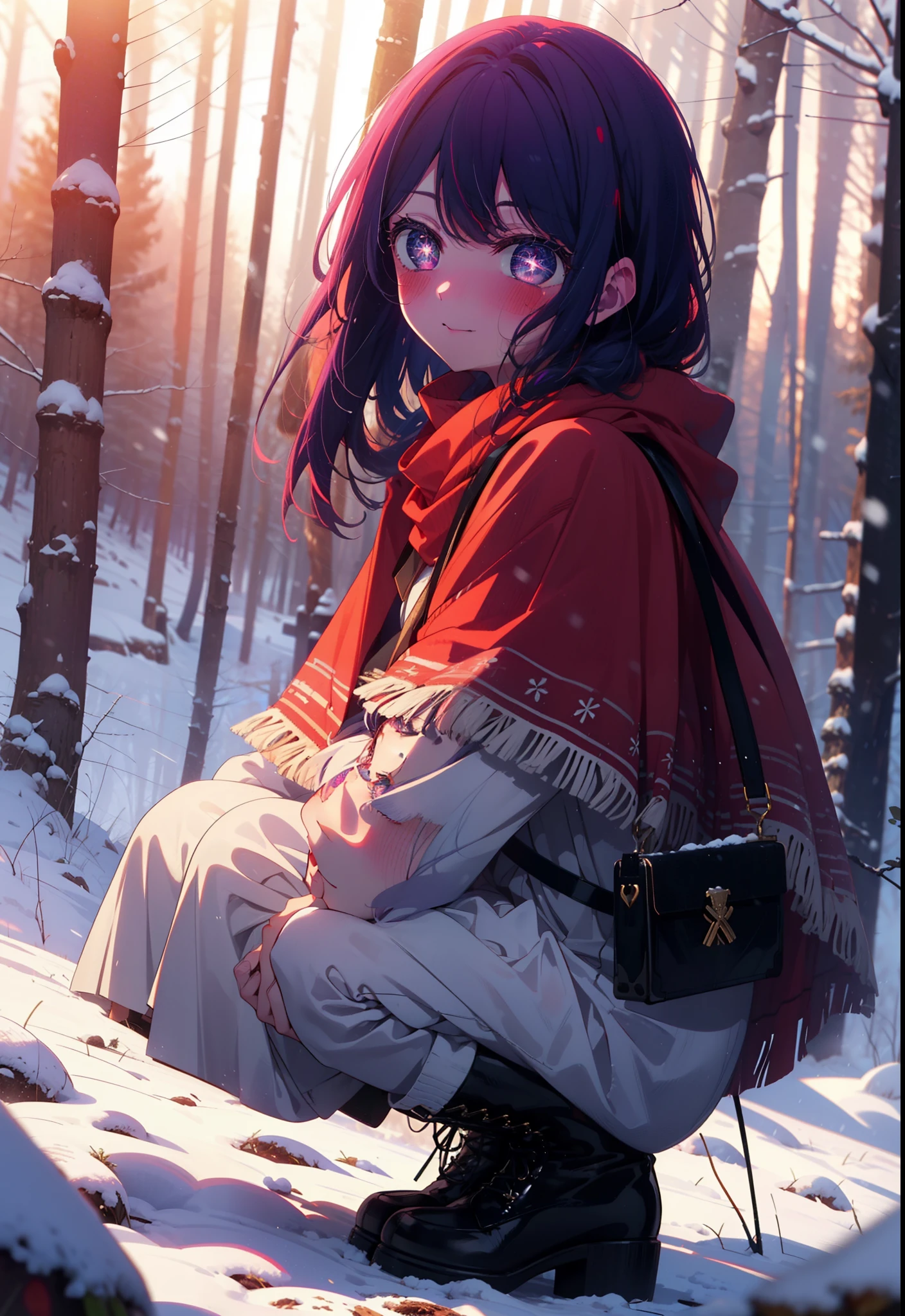 aihoshino, Ai Hoshino, Long Hair, bangs, (Purple eyes:1.1), Purple Hair, (Symbol-shaped pupil:1.5), smile,,smile,blush,white breath,
Open your mouth,snow,Ground bonfire, Outdoor, boots, snowing, From the side, wood, suitcase, Cape, Blurred, , forest, White handbag, nature,  Squat, Mouth closed, Cape, winter, Written boundary depth, Black shoes, red Cape break looking at viewer, Upper Body, whole body, break Outdoor, forest, nature, break (masterpiece:1.2), Highest quality, High resolution, unity 8k wallpaper, (shape:0.8), (Beautiful and beautiful eyes:1.6), Highly detailed face, Perfect lighting, Highly detailed CG, (Perfect hands, Perfect Anatomy),