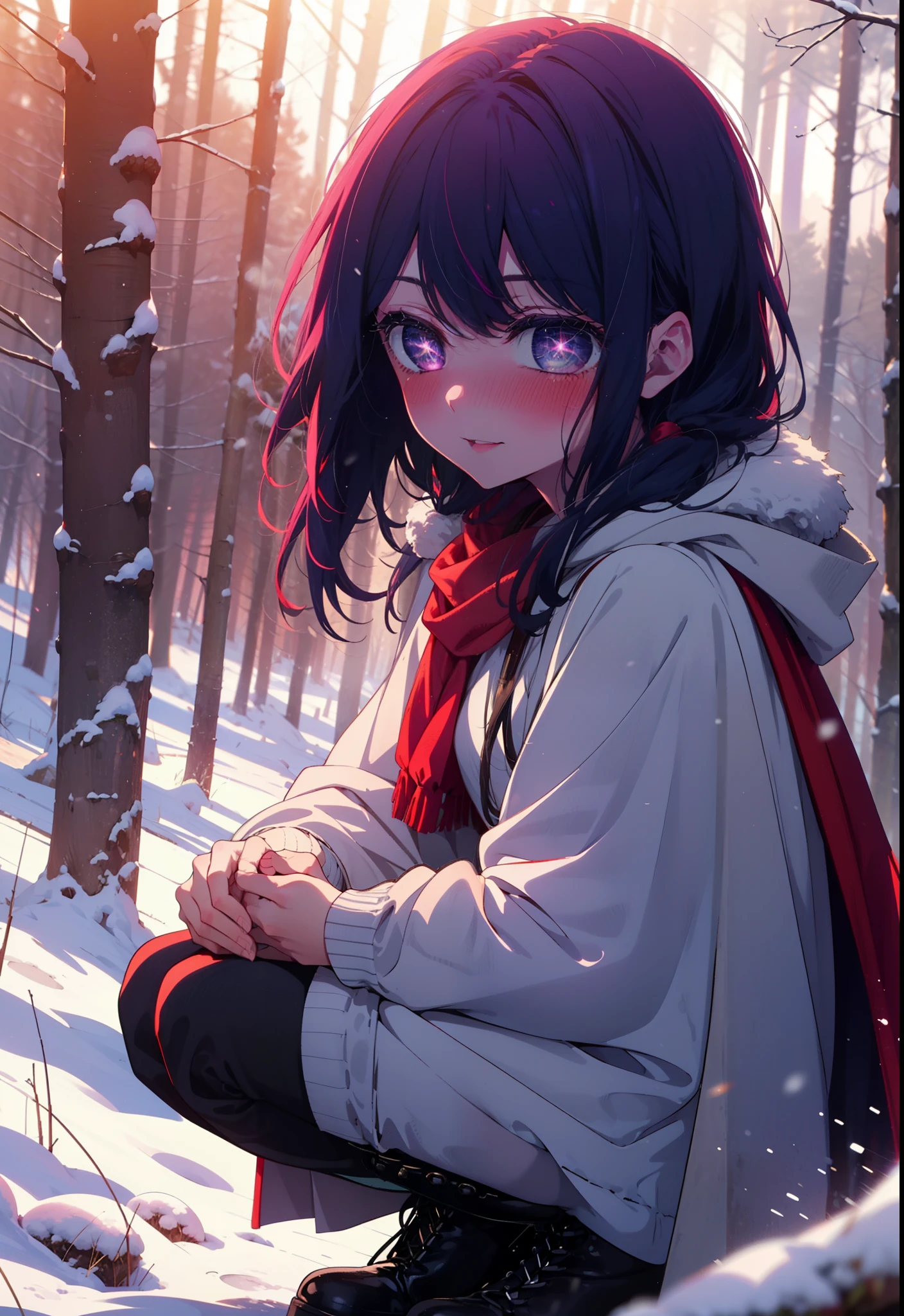 aihoshino, Ai Hoshino, Long Hair, bangs, (Purple eyes:1.1), Purple Hair, (Symbol-shaped pupil:1.5), smile,,smile,blush,white breath,
Open your mouth,snow,Ground bonfire, Outdoor, boots, snowing, From the side, wood, suitcase, Cape, Blurred, , forest, White handbag, nature, Squat, Mouth closed, Cape, winter, Written boundary depth, Black shoes, red Cape break looking at viewer, Upper Body, whole body, break Outdoor, forest, nature, break (masterpiece:1.2), Highest quality, High resolution, unity 8k wallpaper, (shape:0.8), (Beautiful and beautiful eyes:1.6), Highly detailed face, Perfect lighting, Highly detailed CG, (Perfect hands, Perfect Anatomy),