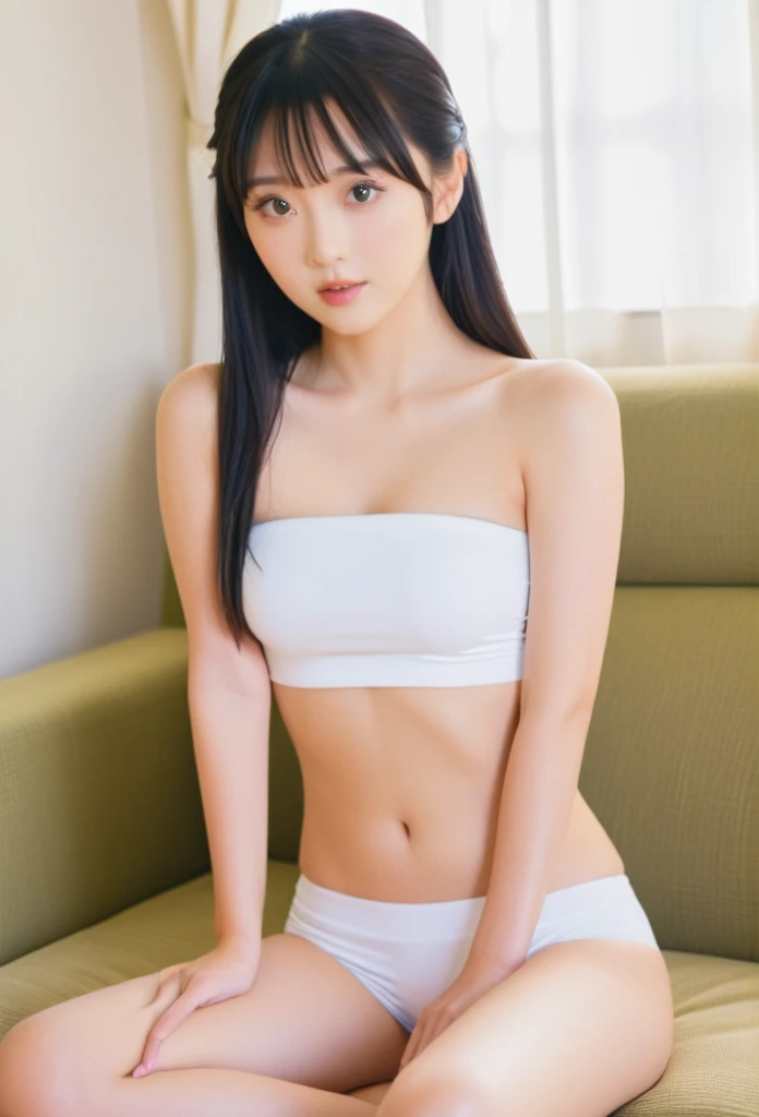 close-up of beautiful Japanese, Yanagi Yurina is a Japanese actress and model, Kana is a female character Junpei Think Again 2018 Japanese action movie, age 22 years old girl, youthful face, white skin body, perfect body, very rapunzel long hair, standard black hair, her hair is very straight and smooth, flat bangs hair, 34 inches breasts size, wearing a plain standard light red strapless tube top, wearing a tight plain standard bright white seamless spandex boyshort pant short leggings, Kana sat in the boyfriend living room with Junpei, Kana's clothes were held by Junpei with excitement and curiosity, then Kana's clothes were cut by Junpei using scissors starting from t-shirt to the tube top so that it made Kana even more aroused and became very sexy and seductive, strand by strand Kana’s clothes fell because it had been cut, the remaining pieces of Kana’s clothes were scattered at the bottom, now Kana’s clothes show off her breasts because they have been cut by Junpei so that they look even more sexy and seductive, sexy looking pose, pose a naughty look, pose looks seductive, at the boyfriend living room, boyfriend living room background, UHD