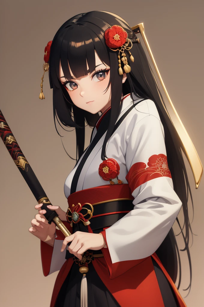 Fantasy RPG character, 26-year-old woman, samurai, Japanese Katana, Japanese clothing,black hair, ((anime)), ((best qualtiy, 8K, tmasterpiece:1.3)), Focus:1.2, perfect figure beautiful woman:1.4, 1woman, cowboy shot, look at viewer, eyes facing the camera, incredibly absurd, beautiful and cute woman, showcasing top-quality craftsmanship, cute, neat,pretty,Japanese sword