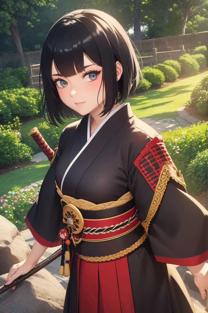 Fantasy RPG character, 26-year-old woman, samurai, Japanese Katana, Japanese clothing,black hair, ((anime)), ((best qualtiy, 8K, tmasterpiece:1.3)), Focus:1.2, perfect figure beautiful woman:1.4, 1woman, cowboy shot, look at viewer, eyes facing the camera, incredibly absurd, beautiful and cute woman, showcasing top-quality craftsmanship, cute, neat,pretty,Japanese sword