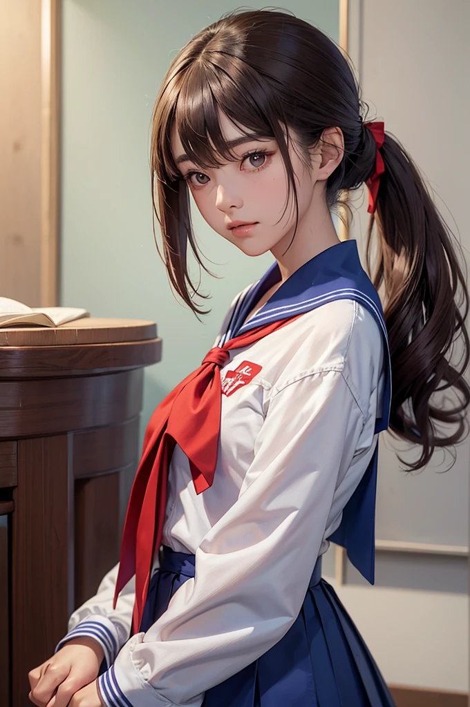 real,1girl,Takagawa Sumire,high ponytail,brown hair,sidelocks,brown eyes,bangs,eyebrows visible through hair,hair between eyes,closed mouth,|| school_uniform,blue sailor,red_neckerchief,white_shirt,long_sleeves,