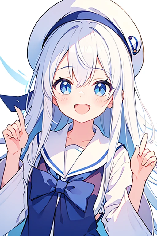 White Background、hat、Smiling and open mouth、Long white hair、Sailor'White uniform