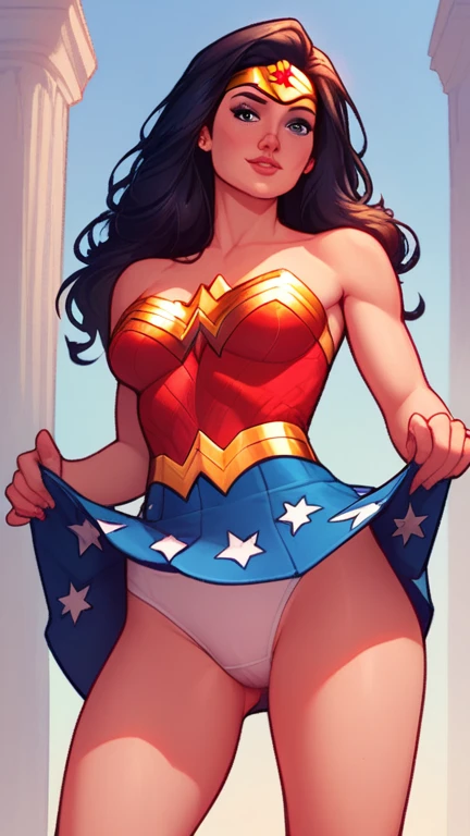 score_9_up, score_8_up, score_7_up, wonder woman, with medium breast, lean body, wearing strapless mini bodycon dress, upskirt, skirt lift, cute panty visible, wearing panty, looking at viewer, attitude