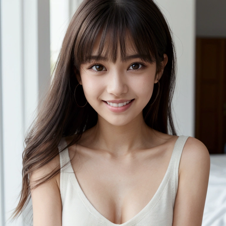 1girl,3d,artist name,blurry,blurry background,blurry foreground,bokeh,breasts,brown eyes,black hair,chromatic aberration,collarbone,depth of field,lens flare,lips,looking at viewer,motion blur,open mouth,indoors,photo background,piercing,realistic,long hair,straight hair,smile,solo,sweater,swept bangs,teeth,upper body,summer,camisole,bed,smooth cloth,coffee,
messy hair,sleeveless,white room,morning,show arms,no brown,no window,lightly dressed