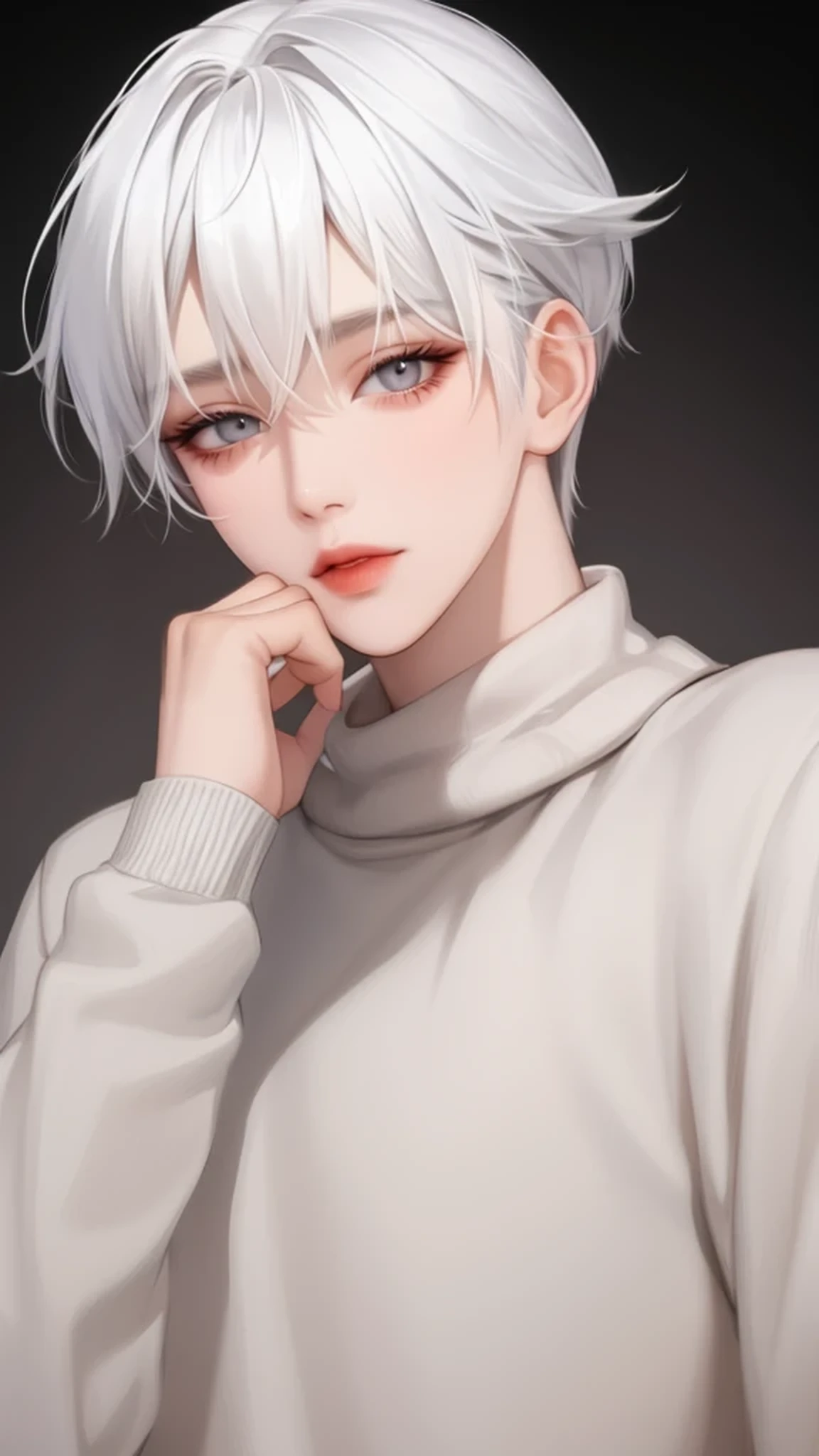 Boys, White hair, Dark grey eyes, Distinctive features, White skin, Brown sweater