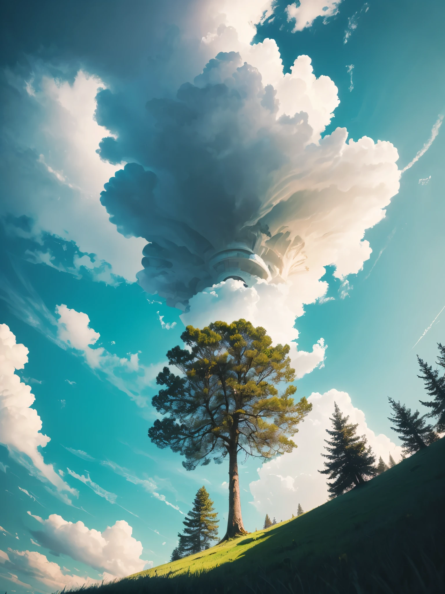 there is a lone tree in the middle of a field, a picture inspired by Alexander Nasmyth, unsplash, surrealism, strange trees and clouds, view from below, very low angle photograph, viewed from below, looking up to the sky, towering high up over your view, with a tall tree, looking from slightly below, trees in foreground, maritime pine