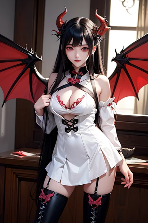 Dragon girls fantasy horror ta sinister dragon long boots pretty girl attraction sexy female dragon with dragon wings on back,dragon tail,cute Hell torture hall style standing action facing mirror Increase fear(sfw)