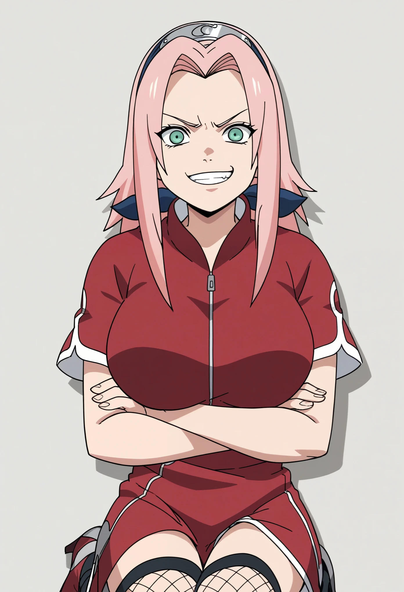 score_9, score_8_up, score_7_up, score_6_up, score_5_up, score_4_up, BREAK, source_anime, 1girl, haruno sakura, pink hair, long hair, green eyes, red shirt, red qipao, short sleeves, arms crossed, smile, upper body, looking at viewer, solo, simple background, white background, anime screencap, anime coloring, holding a blade in hand, evil expression, evil smirk, showing teeth, very evil facial expression, big breasts, side angle POV, show full body, huge breasts, red heels, fishnets, full body POV, fishnets around legs