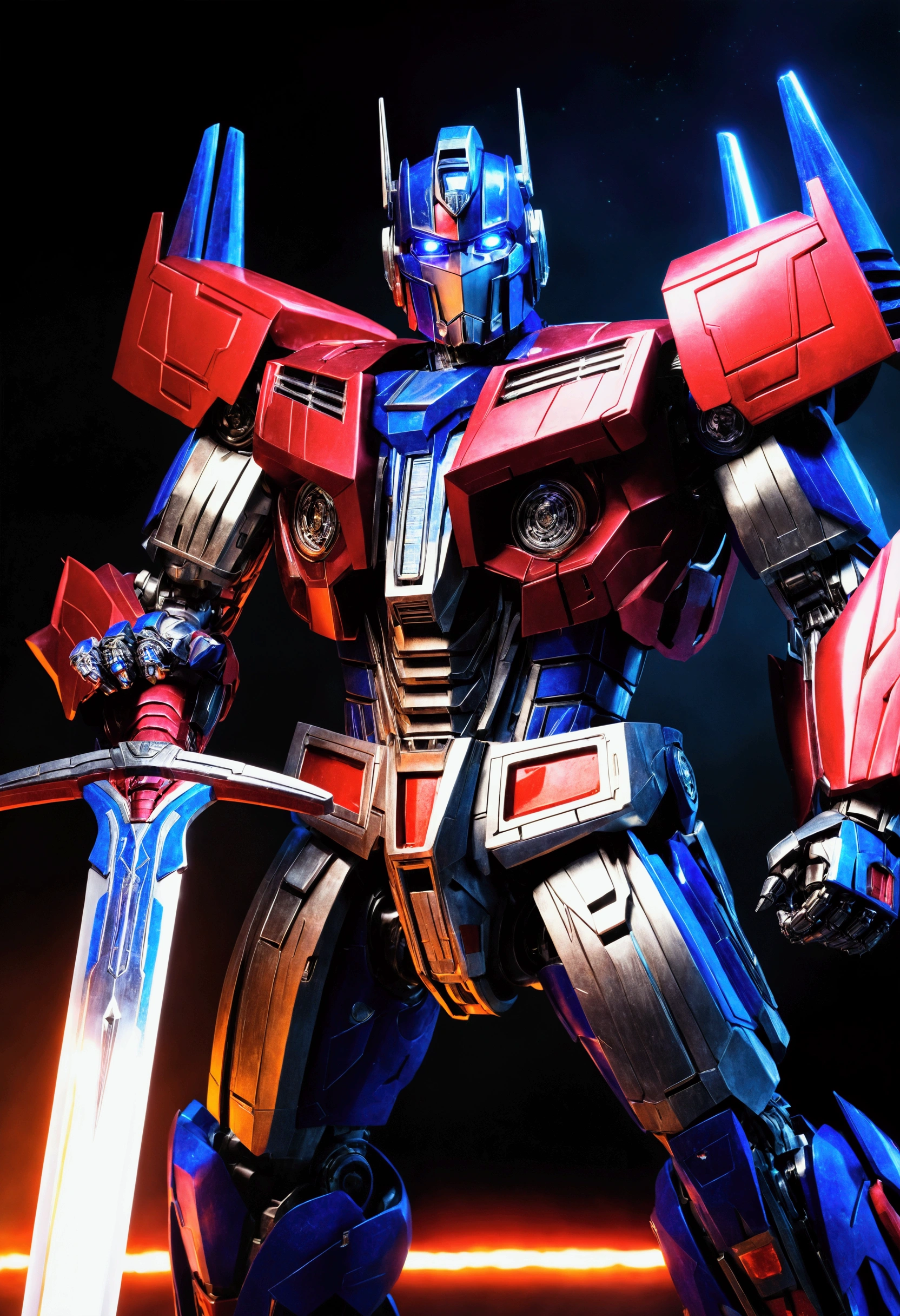a highly detailed cinematic portrait of Optimus Prime, robot leader of the Autobots, wielding a massive futuristic sword, dramatic lighting, intricate mechanical details, metallic surfaces, glowing energy effects, epic sci-fi setting, dynamic pose, photorealistic, 8k, best quality