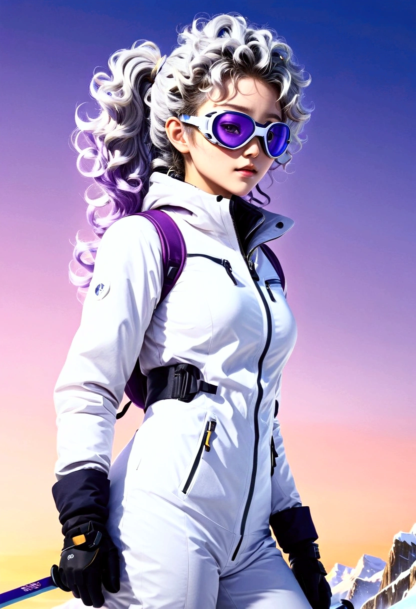 masterpiece, best picture quality, extreme vividness, Anime girl with curly ponytail,  Character, white functional coat, Blue Purple Gradient Ski Goggles, gray hair, Natural casual style, dynamic posture, golden section, 조리개가 큰 Character 사진, cold tone, Intense visual impact, White space, Light and shadow contrast, Super Textures, Sunset Afterglow, Very clear pictures, simple illustration