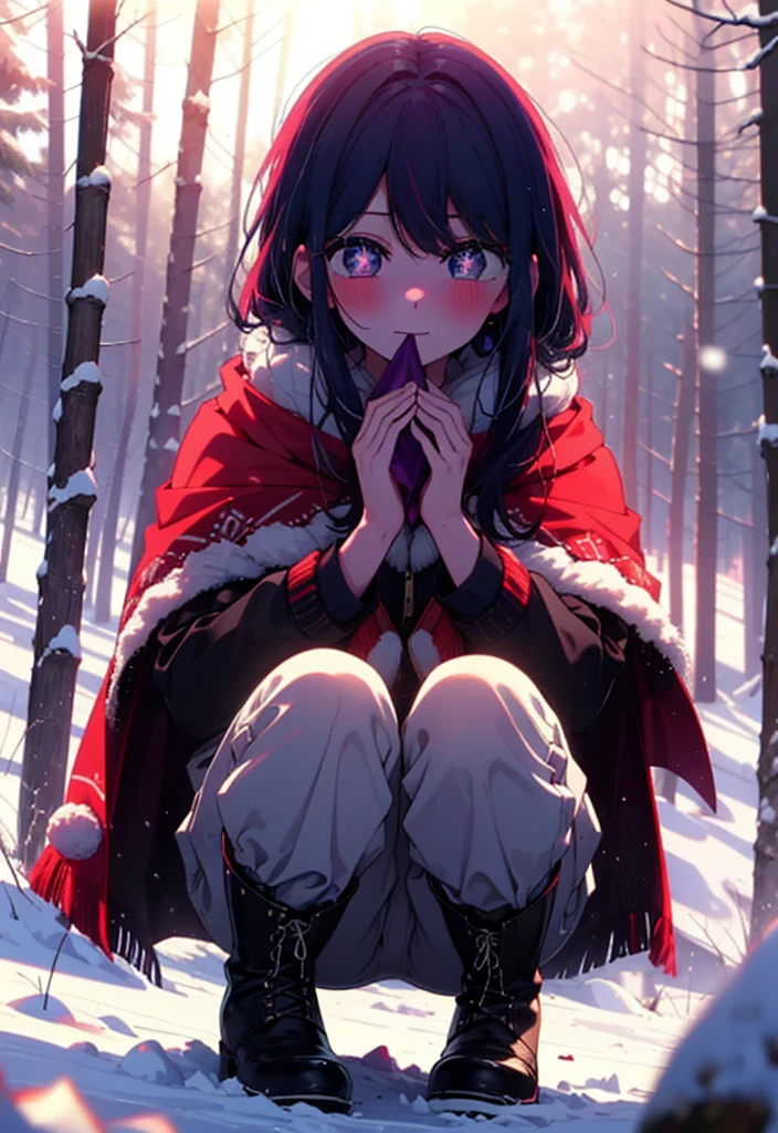 aihoshino, Ai Hoshino, Long Hair, bangs, (Purple eyes:1.1), Purple Hair, (Symbol-shaped pupil:1.5), smile,,smile,blush,white breath,
Open your mouth,snow,Ground bonfire, Outdoor, boots, snowing, From the side, wood, suitcase, Cape, Blurred, , forest, White handbag, nature, Squat, Mouth closed, Cape, winter, Written boundary depth, Black shoes, red Cape break looking at viewer, Upper Body, whole body, break Outdoor, forest, nature, break (masterpiece:1.2), Highest quality, High resolution, unity 8k wallpaper, (shape:0.8), (Beautiful and beautiful eyes:1.6), Highly detailed face, Perfect lighting, Highly detailed CG, (Perfect hands, Perfect Anatomy),