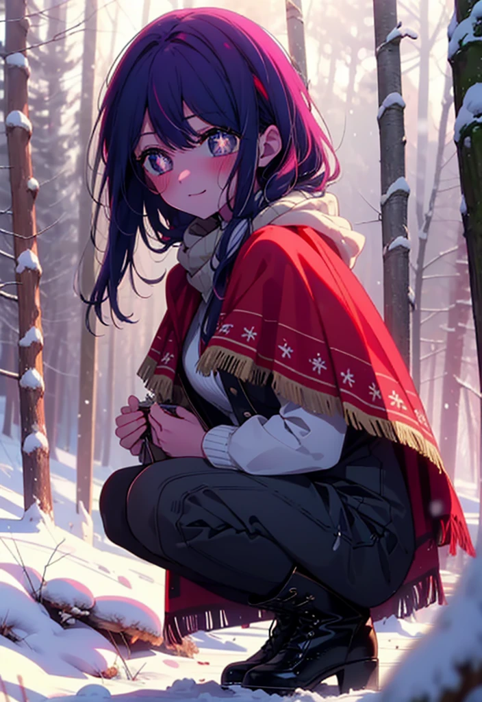 aihoshino, Ai Hoshino, Long Hair, bangs, (Purple eyes:1.1), Purple Hair, (Symbol-shaped pupil:1.5), smile,,smile,blush,white breath,
Open your mouth,snow,Ground bonfire, Outdoor, boots, snowing, From the side, wood, suitcase, Cape, Blurred, , forest, White handbag, nature,  Squat, Mouth closed, Cape, winter, Written boundary depth, Black shoes, red Cape break looking at viewer, Upper Body, whole body, break Outdoor, forest, nature, break (masterpiece:1.2), Highest quality, High resolution, unity 8k wallpaper, (shape:0.8), (Beautiful and beautiful eyes:1.6), Highly detailed face, Perfect lighting, Highly detailed CG, (Perfect hands, Perfect Anatomy),