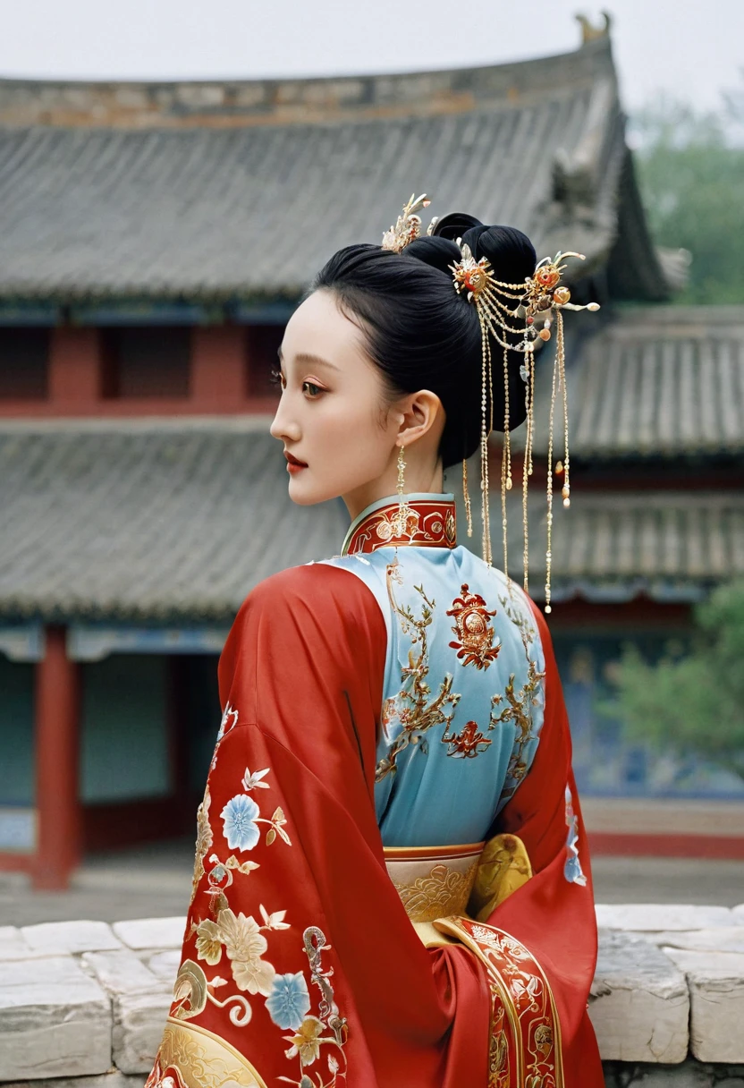 Chinese actress Zhou Xun(Zhou Xun)A similar figure from behind, with the stone pavement outside a Chinese palace during the Qing dynasty. An empress from the Chinese palace during the Qing dynasty is standing in a red Hanfu, exposing only her large buttocks, and has pulled her loincloth down to show her buttocks. Looking at her profile, she is wearing a Chinese empress crown, a gorgeous Chinese empress crown, and a hair ornament, with her hair tied up and pulled up at the back.、