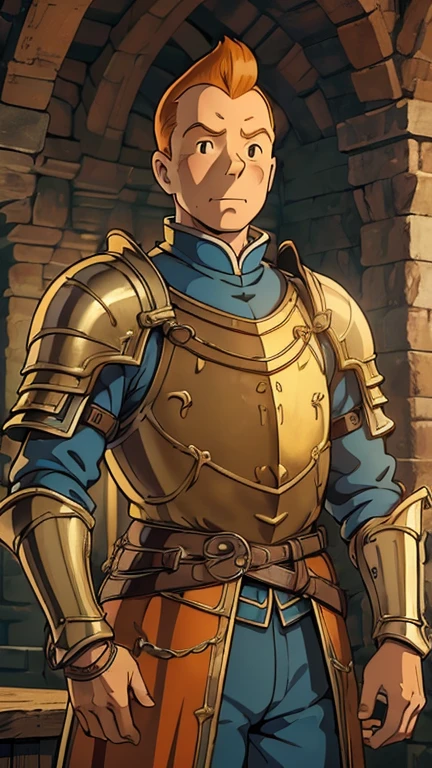 (1man, Tintin,1boy), (extremely detailed CG unit 8k wallpaper),(master part), (best quality), (ultra detail), (best illustration),(StudioGhibliStyleHMC), cowboy shot,(Sharp eyeliner, ombre, detailed eyes:1),Dark Dungeon interiors background,break,(medieval armor),upper body,short hair,orange hair, 