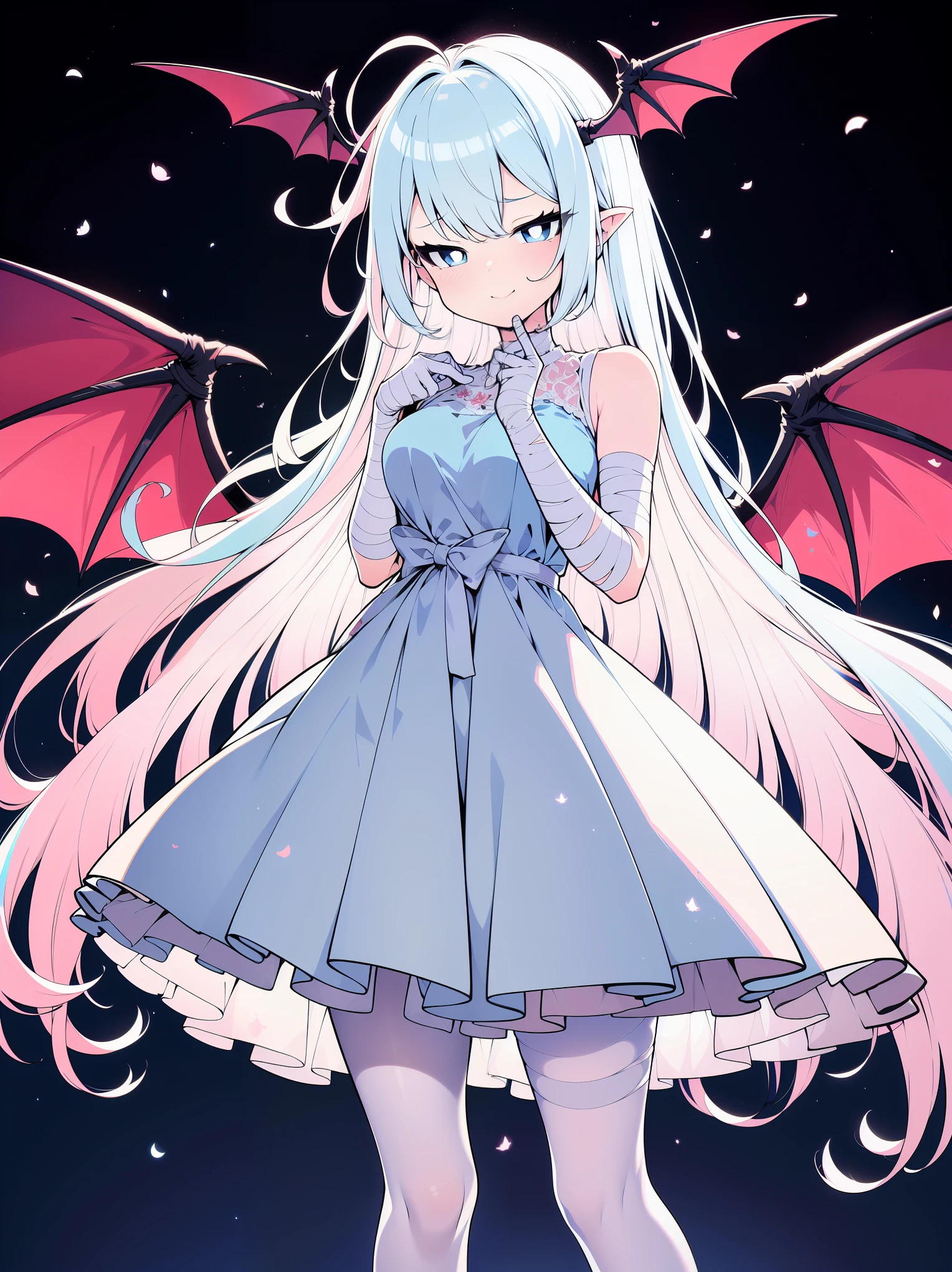 sfw, (medium full shot), (colorful), (ultra-high resolution, depth of field:1.2), 1woman, cute bat wings on the head, light blue eyes, white pupils, light pink hair, bandages, medium breasts, white sundress, long skirt, pantyhose, gentle smile, harajuku scenery, night time