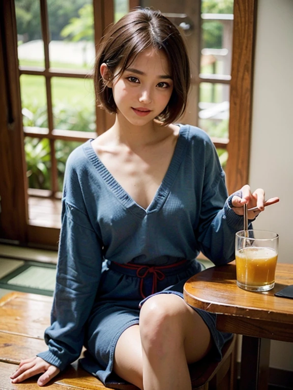 (high quality:1.2,Ultra-realistic) 、Detailed face、Detailed eyes、Beautiful Japanese Woman、22 years old、short hairやアップヘアのランダムなヘアスタイル、Black Hair,Cleavage、The chest is on the table、Tank top、Sitting at the table, (Big smile,Happy expression:Pure joy). she has (short hair) and、 Holding a large beer mug on the table、(no bra,braless),(blushing:1.5),