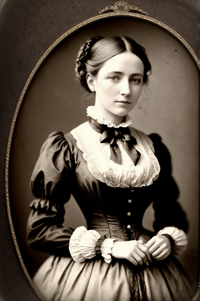 VeronicaCipher studio portrait, Victorian Woman, Wearing a high-collared Victorian gown, race, satin, Jacquard, 1800s, analog, granular, Dust, scratch, Blurred, Daguerreo Type, Gelatin Silver, Collodion_photograph, Sepia (Realistic:1.6) Picture frame