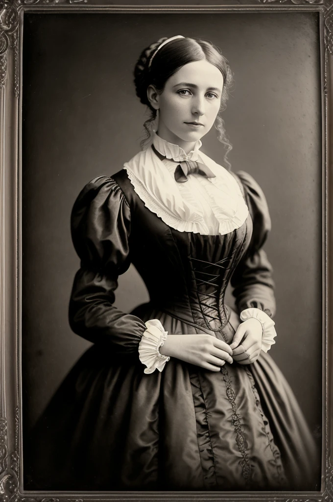 VeronicaCipher studio portrait, Victorian Woman, Wearing a high-collared Victorian gown, race, satin, Jacquard, 1800s, analog, granular, Dust, scratch, Blurred, Daguerreo Type, Gelatin Silver, Collodion_photograph, Sepia (Realistic:1.6) Picture frame