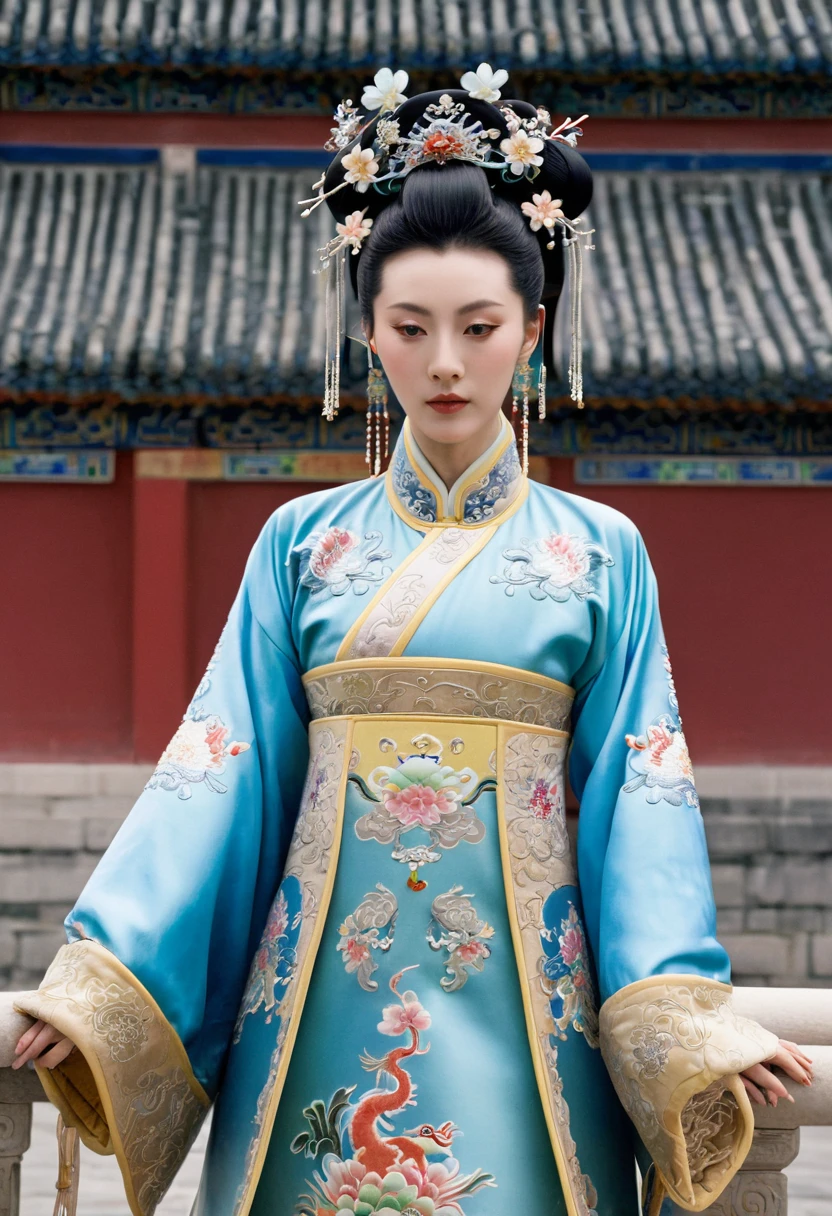 The Qing Dynasty Empress, standing in front of the crowd, had a large chest, thick hair, and hair from her lower abdomen. Her hair was tied up and pulled up, with a gorgeous flower ornament on both sides.、A perverted, erotic woman wearing the crown of a Qing Dynasty empress. The background is the stone paving of a Chinese palace during the Qing Dynasty.