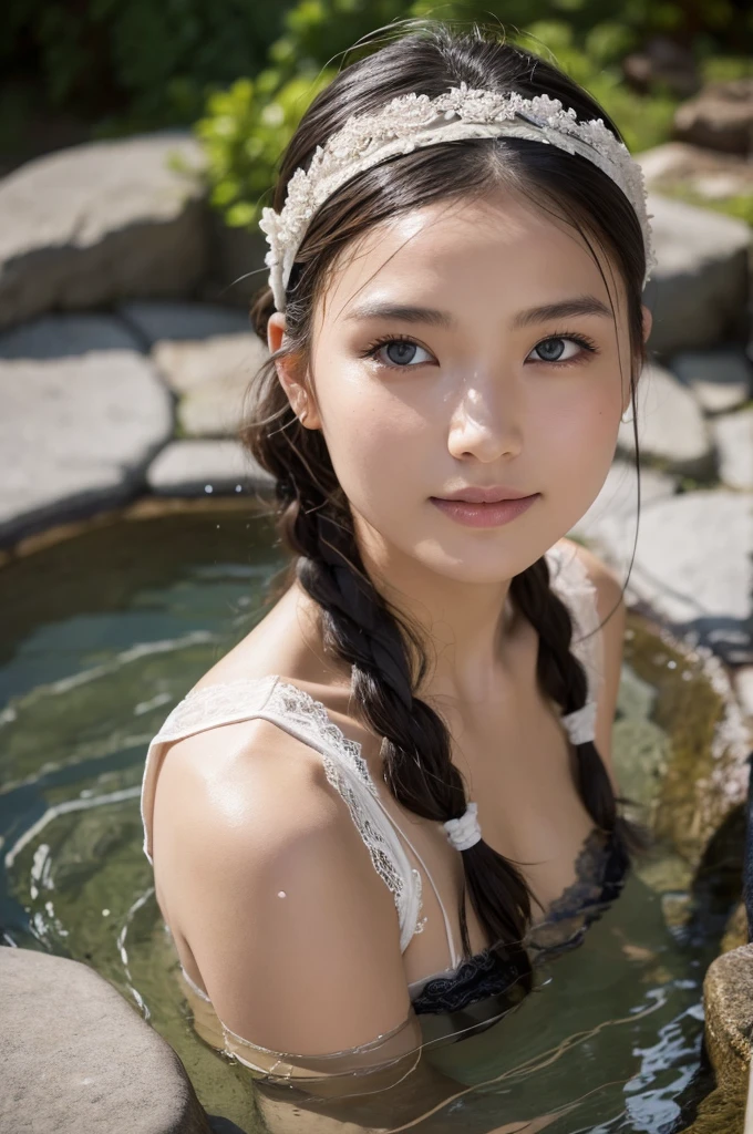 Highest quality, masterpiece, Ultra-high resolution, Supermodels soaking in Japanese hot springs, Outdoor hot spring, Stone hot spring, Moss and tree々Surrounded by, Super beautiful face, Pure Body, I can see my pores, (smile:0.8), Wearing split (Lace Headband:1.2), (realism:1.5), Original photo, Soaking wet, Sweaty, Bare shoulders, In the Dark, Deep Shadow, Modest, Cold Light