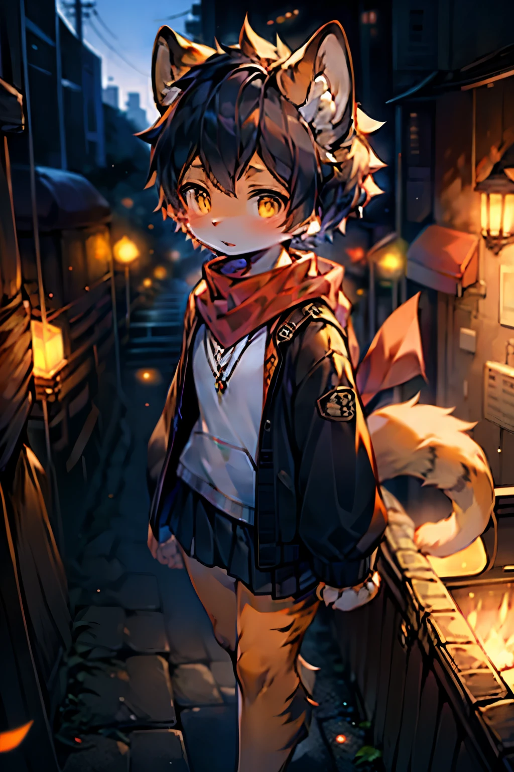 Tiger Girl，Black tiger stripes，Furry girls，Baby girl characteristics，Black hair，Orange Skin，scarf，Short skirt