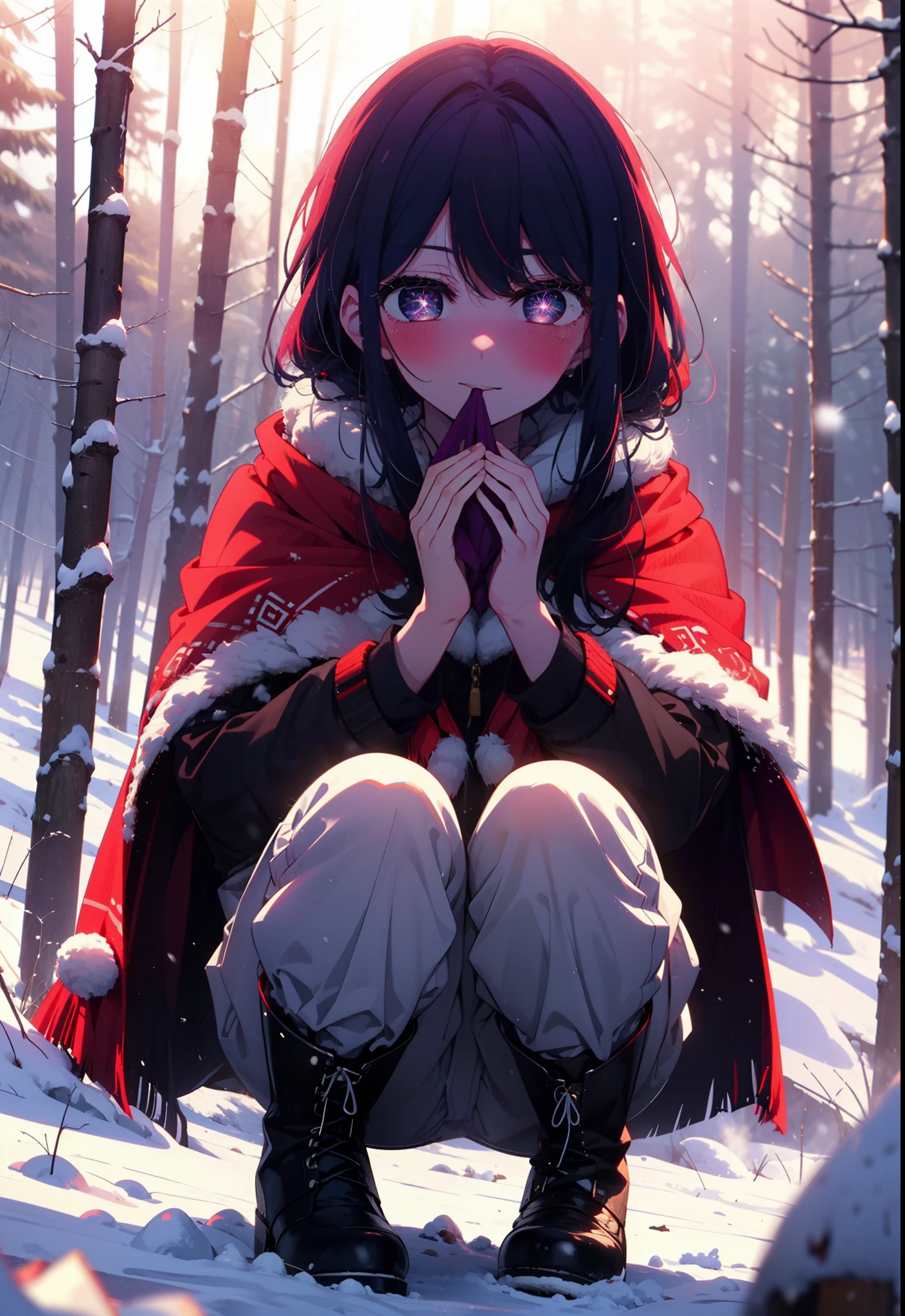 aihoshino, Ai Hoshino, Long Hair, bangs, (Purple eyes:1.1), Purple Hair, (Symbol-shaped pupil:1.5), smile,,smile,blush,white breath,
Open your mouth,snow,Ground bonfire, Outdoor, boots, snowing, From the side, wood, suitcase, Cape, Blurred, , forest, White handbag, nature, Squat, Mouth closed, Cape, winter, Written boundary depth, Black shoes, red Cape break looking at viewer, Upper Body, whole body, break Outdoor, forest, nature, break (masterpiece:1.2), Highest quality, High resolution, unity 8k wallpaper, (shape:0.8), (Beautiful and beautiful eyes:1.6), Highly detailed face, Perfect lighting, Highly detailed CG, (Perfect hands, Perfect Anatomy),