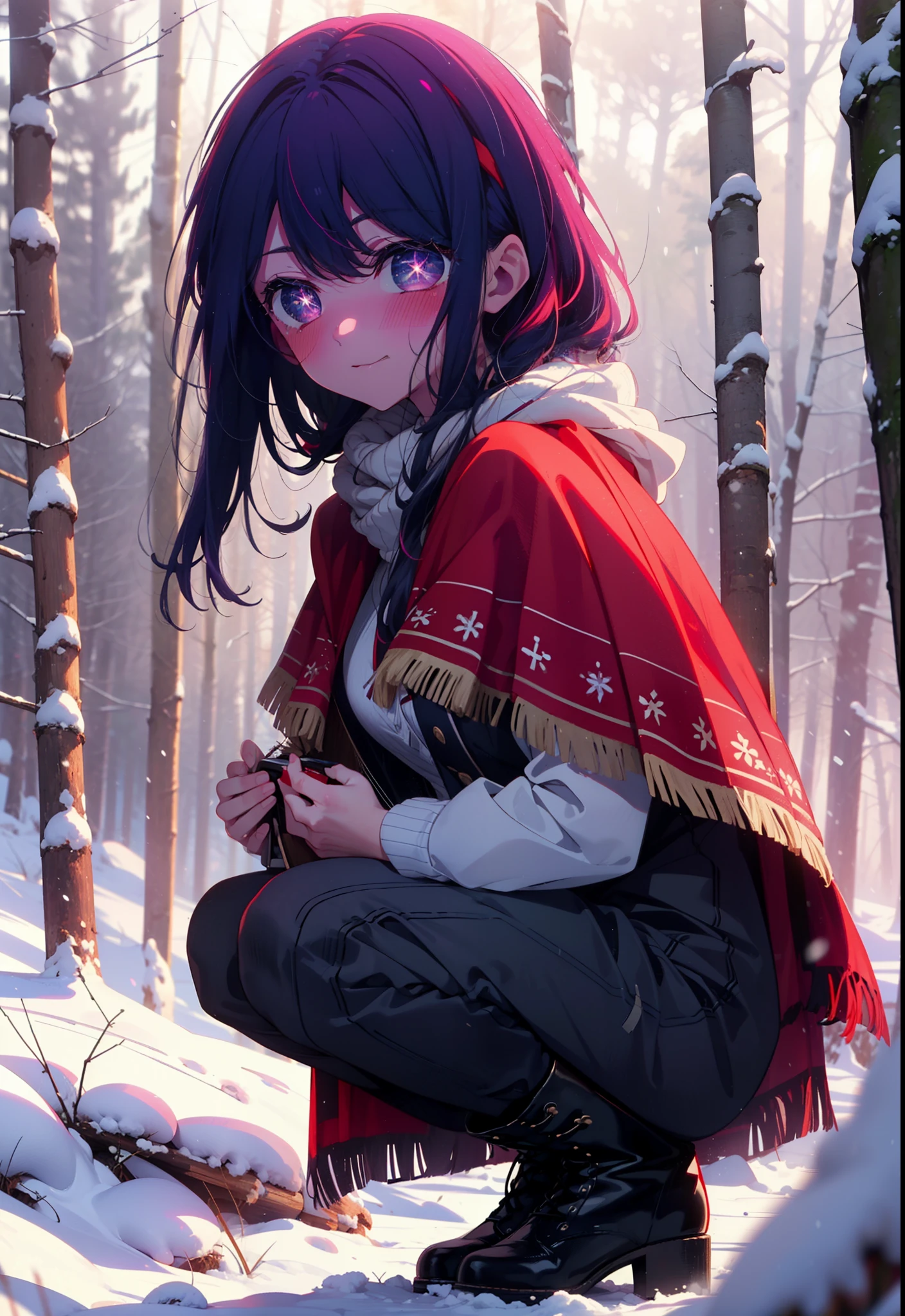 aihoshino, Ai Hoshino, Long Hair, bangs, (Purple eyes:1.1), Purple Hair, (Symbol-shaped pupil:1.5), smile,,smile,blush,white breath,
Open your mouth,snow,Ground bonfire, Outdoor, boots, snowing, From the side, wood, suitcase, Cape, Blurred, , forest, White handbag, nature, Squat, Mouth closed, Cape, winter, Written boundary depth, Black shoes, red Cape break looking at viewer, Upper Body, whole body, break Outdoor, forest, nature, break (masterpiece:1.2), Highest quality, High resolution, unity 8k wallpaper, (shape:0.8), (Beautiful and beautiful eyes:1.6), Highly detailed face, Perfect lighting, Highly detailed CG, (Perfect hands, Perfect Anatomy),