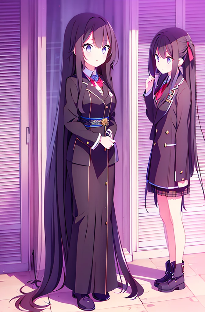 hair length about 5 meters girl long_hair black_hair tall black_uniform highschool 1girl high ponytail super long hair long hair