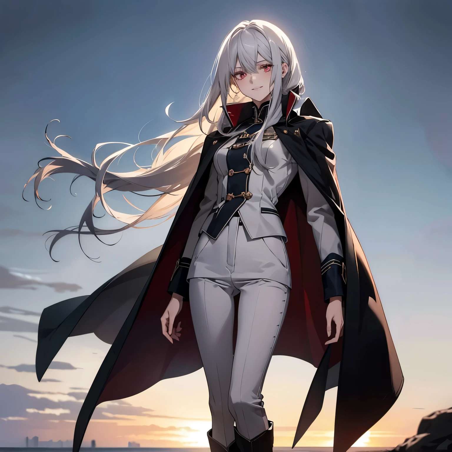 (Confused, High resolution, Very detailed), 1 female, Silver Hair,Long hair that reaches down to the ankles,Ankle-length hair,Long hair,Crimson Eyes,uniform,24th generation,beauty,mature,thin,quiet,Calm,A small smile,A kind smile,In front of people you like,Cape coat,Slender and thin,boots,skinny pants,Sea at dawn,Small breasts,
