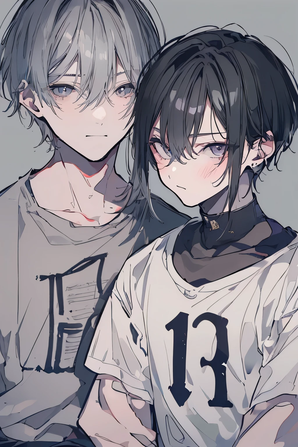 (Mastepiece), (Best Quality), Very detailed, (((Two friendly men:1.5))), Perfect Face, Beautiful Face, Very detailedな顔,(Black-haired man:1.3),(Grey-haired man:1.3),T-Shirts