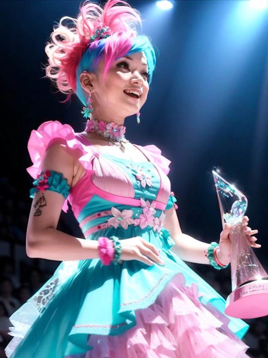 (Award-Winning Moment), girl, solo, music, Award, stage, Trophy, illumination, The spectators cheer, Acceptance speech, Stylish outfit, Tears of joy. Mohawk, Side Cropped Hair, Pink and light blue hair, Light blue side hair, Earrings, undercut,crystalline dress