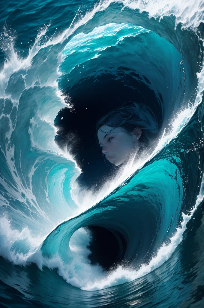 A great collapsing ocean, shades of blue, feeling of depth, choppy water. It is possible to observe a face forming